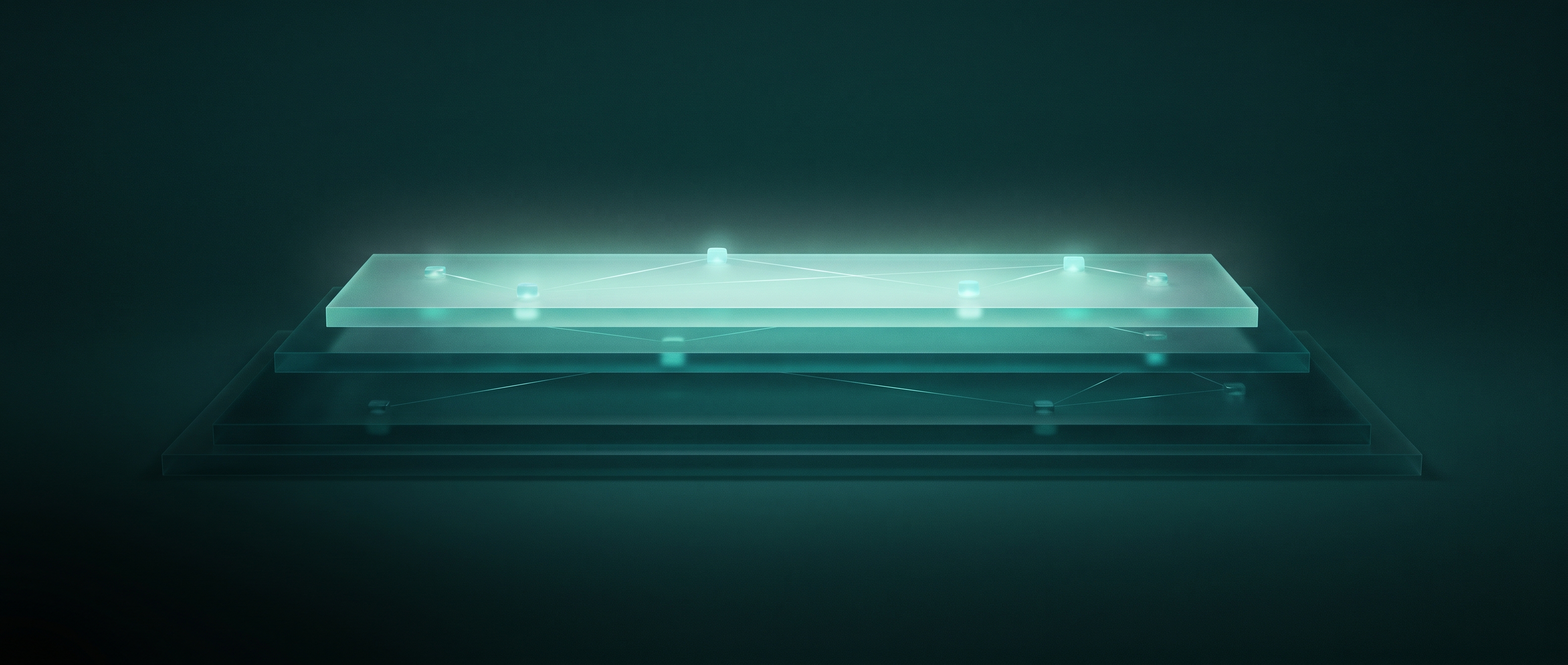 Glowing tiered platforms on a calm deep-teal surface, small luminous nodes linked by faint lines resting on the different levels, a quiet metaphor for agent memory frameworks ranked by how they handle a corrected fact