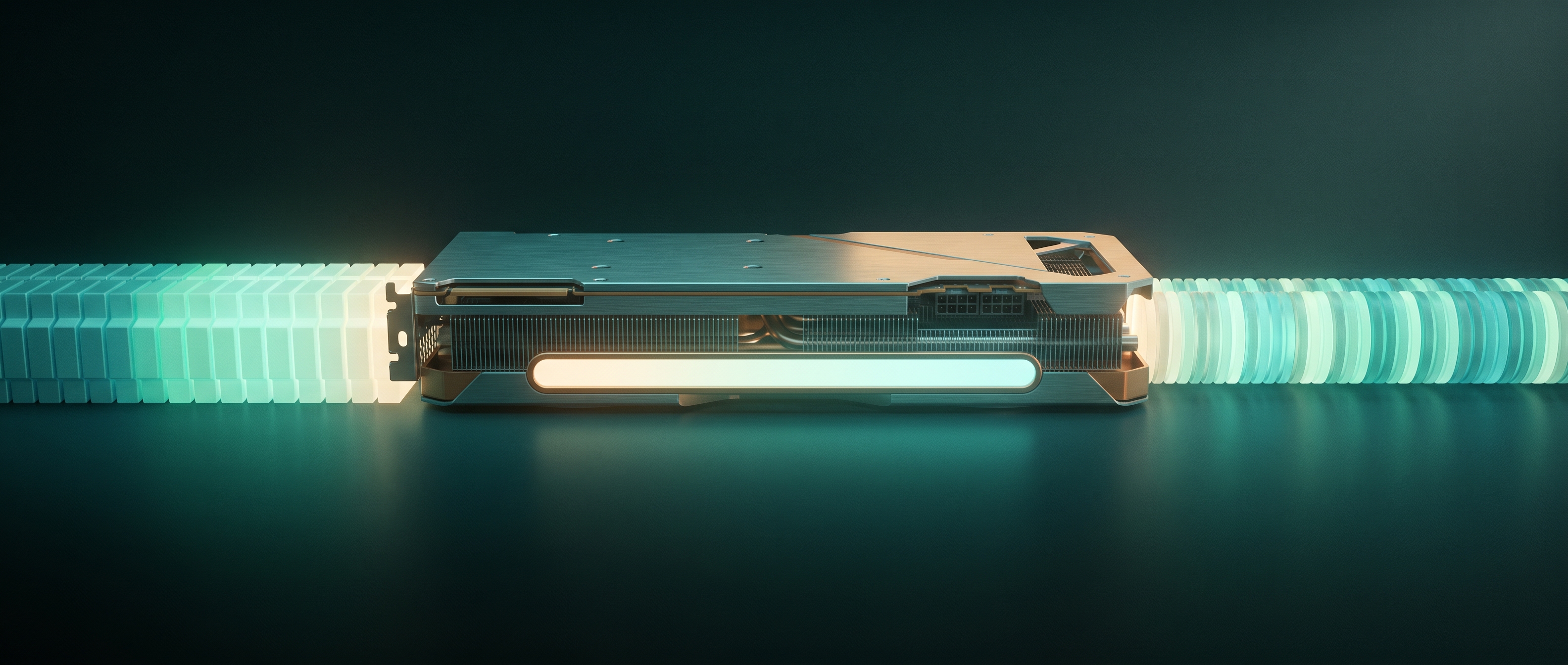 A single graphics card rendered on a deep teal surface, its memory shown as a horizontal bar divided into two competing regions: a dense block of model weights on the left and a long translucent stack of conversation tokens on the right, the two pressing against each other with no gap left between them
