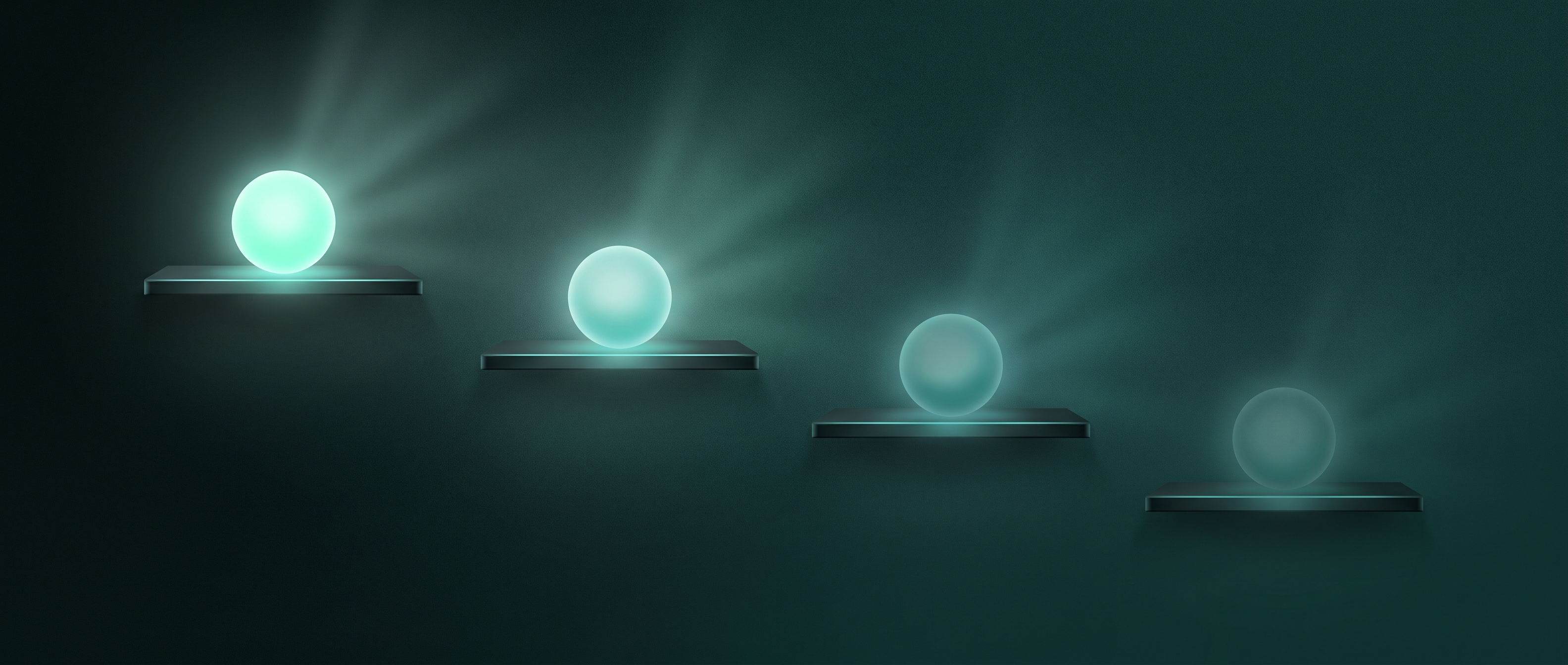 Four glowing shelves floating at descending heights like the rungs of a quality ladder, each holding a luminous orb, the highest brightest and the lowest dimmest, a calm metaphor for an S-to-C tier ranking