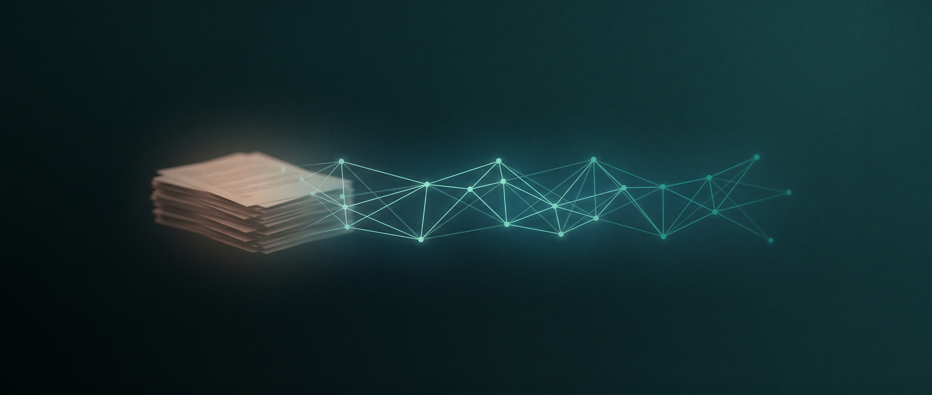 A calm deep-teal desk scene where a stack of documents on the left dissolves into a soft glowing lattice of connected points on the right, a quiet metaphor for private files being turned into searchable knowledge on your own machine