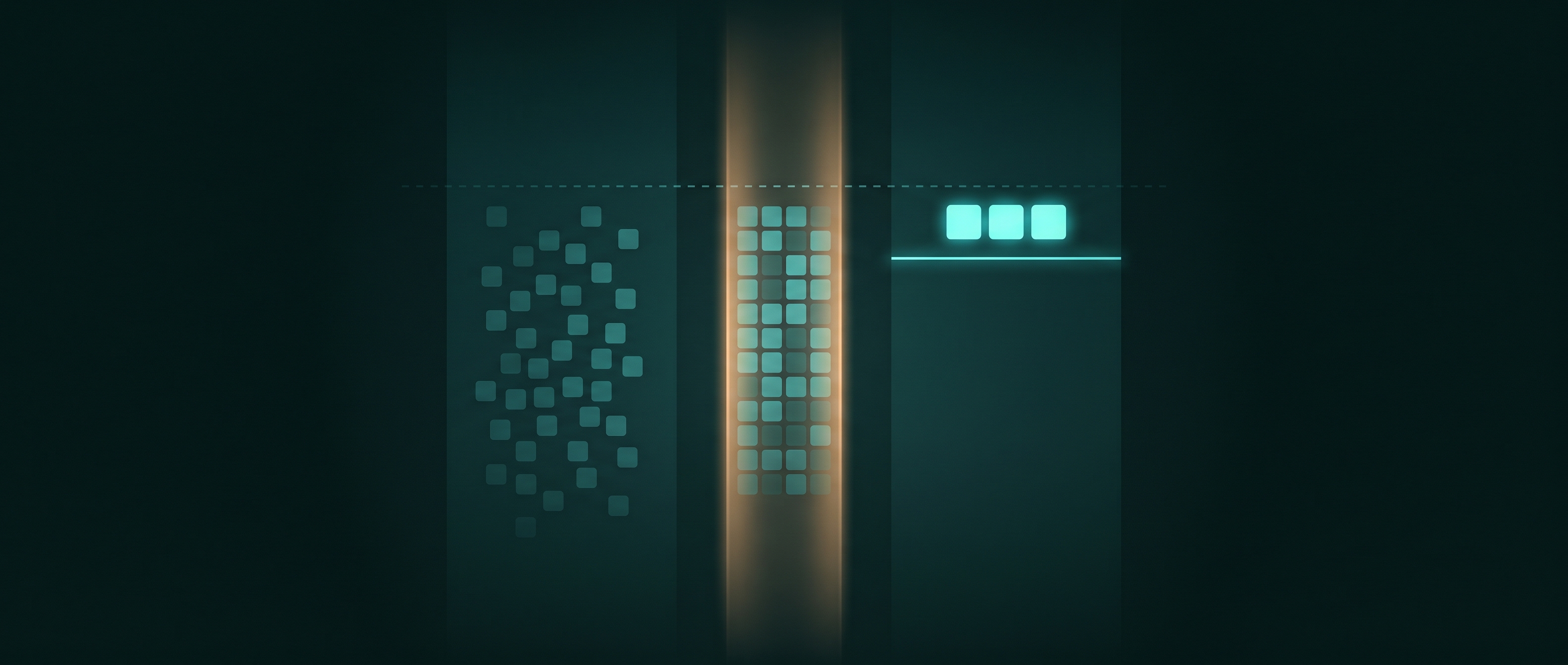A three-band diagram: on the left a loose scatter of dim tiles representing the retrieved candidate pool, in the middle the same tiles compressed into an ordered column by a beam of light representing the reranker, and on the right only three bright tiles remaining above a cutoff line, with a dashed line across all three bands marking the recall ceiling set by retrieval