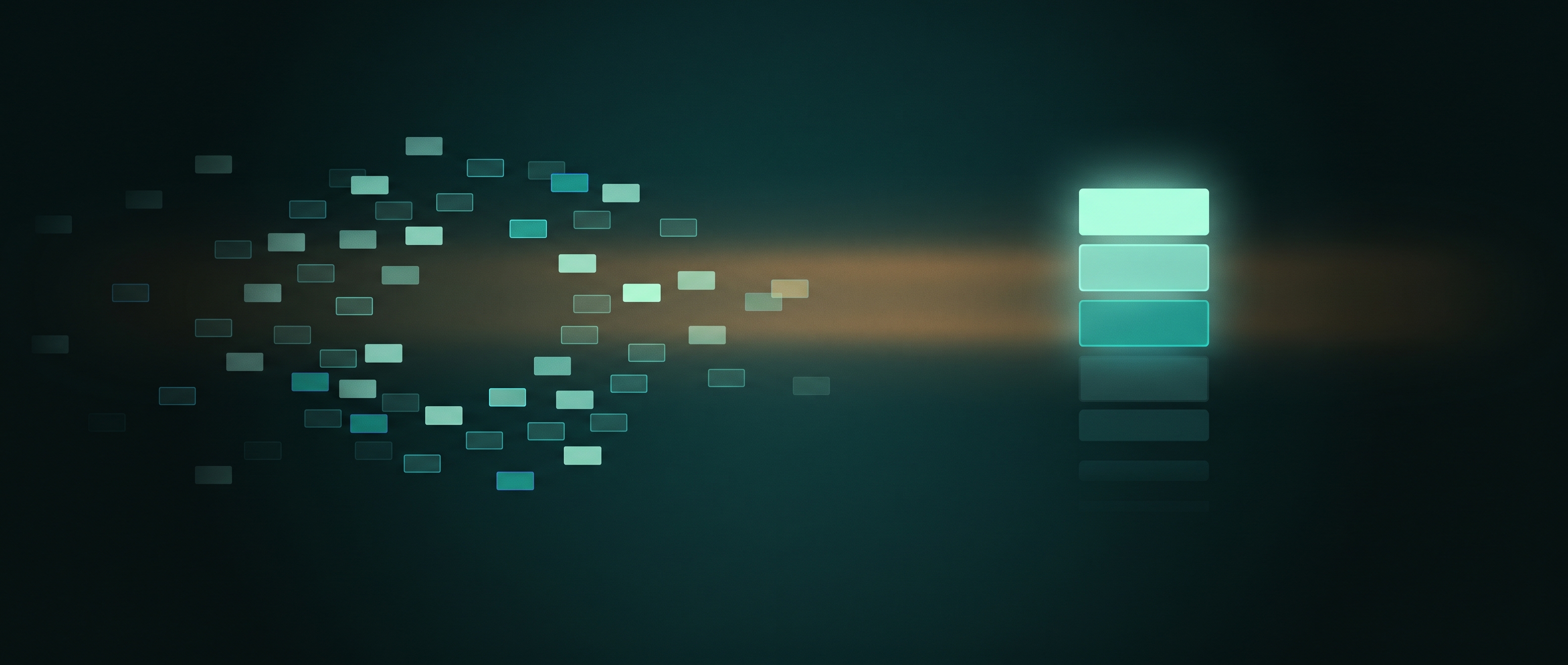 A calm deep-teal surface showing a vertical stack of ten small glowing cards being reordered by a soft beam of light, the top three cards rising above the rest, a quiet metaphor for reranking retrieved results on your own machine