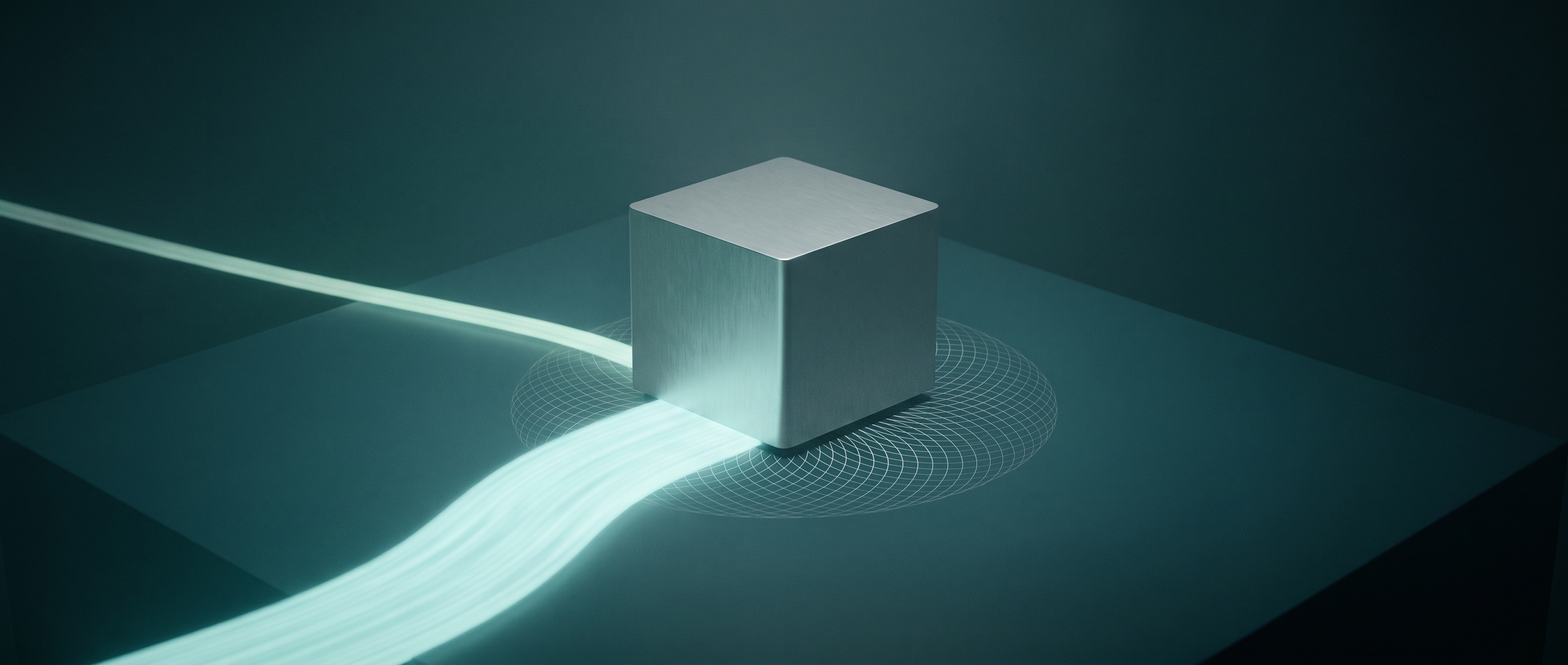 A brushed aluminium block sitting on a deep-teal surface with a single wide band of light flowing beneath it and concentric lattice rings glowing around its base, a quiet illustration of memory bandwidth as the channel that feeds a local language model