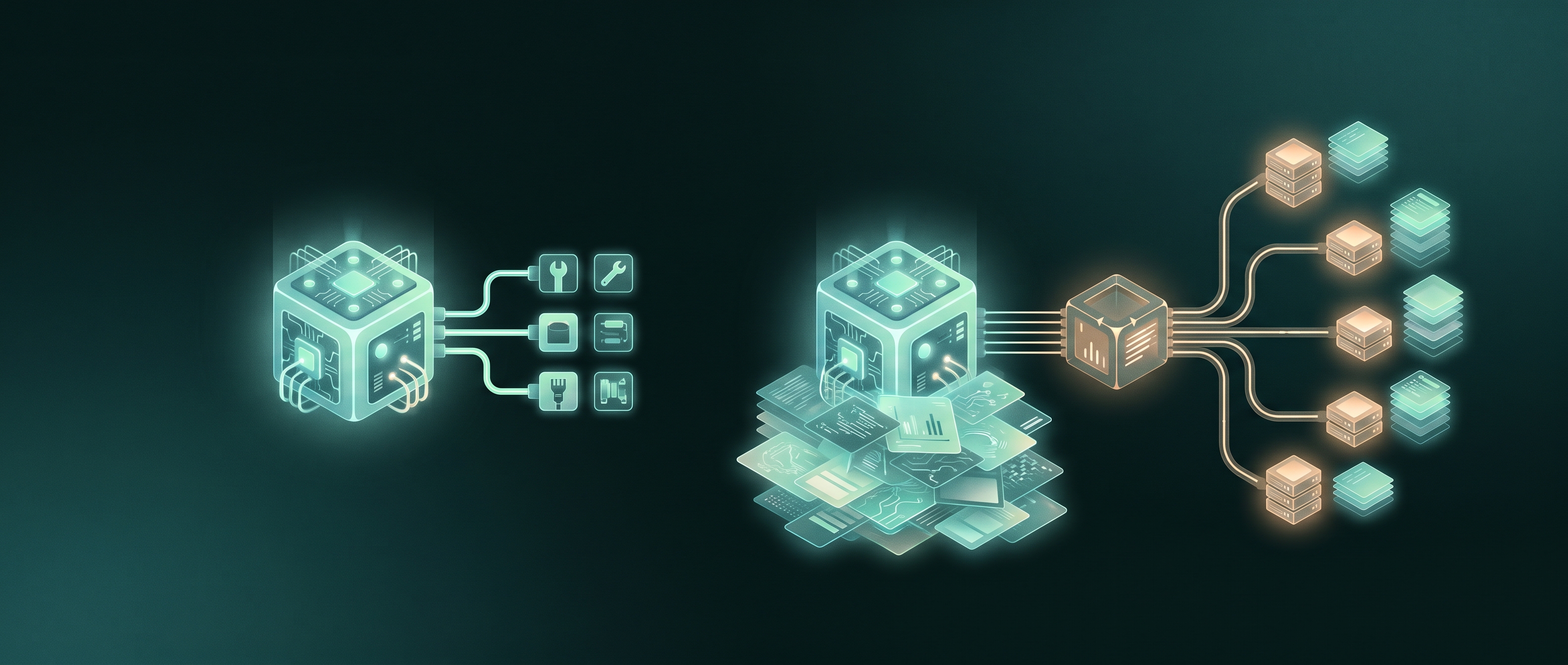 Two architectures side by side on a deep teal surface: on the left a model core wired directly to a small fixed set of tool sockets, on the right the same core connected through an intermediary hub that fans out to many servers, each piling translucent schema cards in front of the model until they crowd it