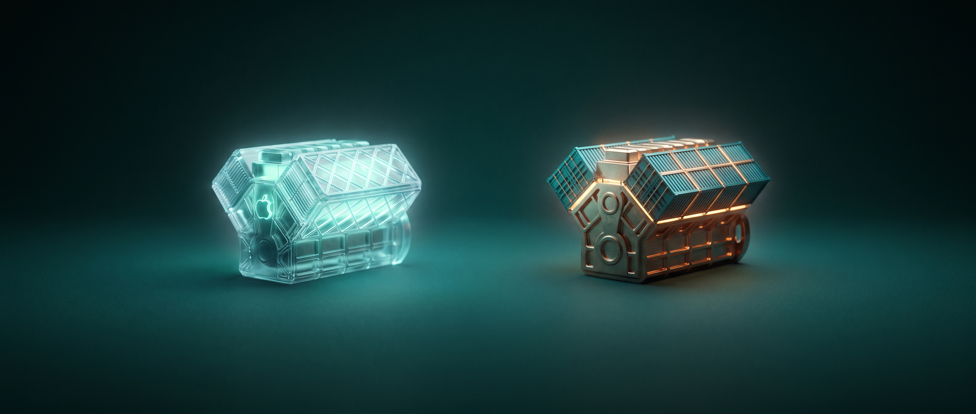 Two glowing engine blocks on a calm deep-teal surface, one etched with the Apple silicon lattice and one with a portable shipping-container grid, a quiet metaphor for a Mac-native runtime and a run-anywhere one for local language models