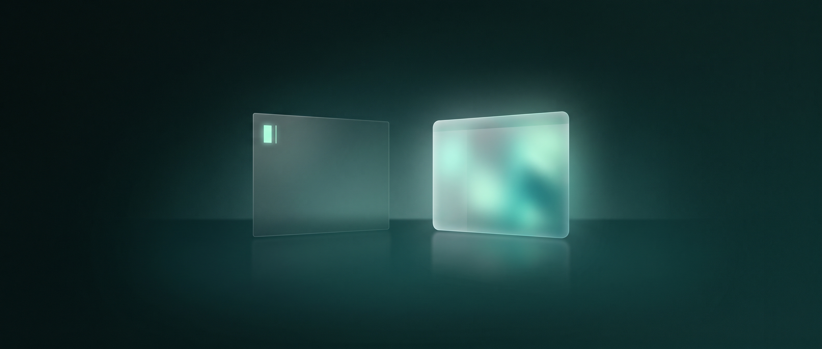 Two glowing panels facing each other on a calm deep-teal surface, one a minimal terminal prompt and one a soft rounded window, a quiet metaphor for a command-line runner and a graphical app for local language models