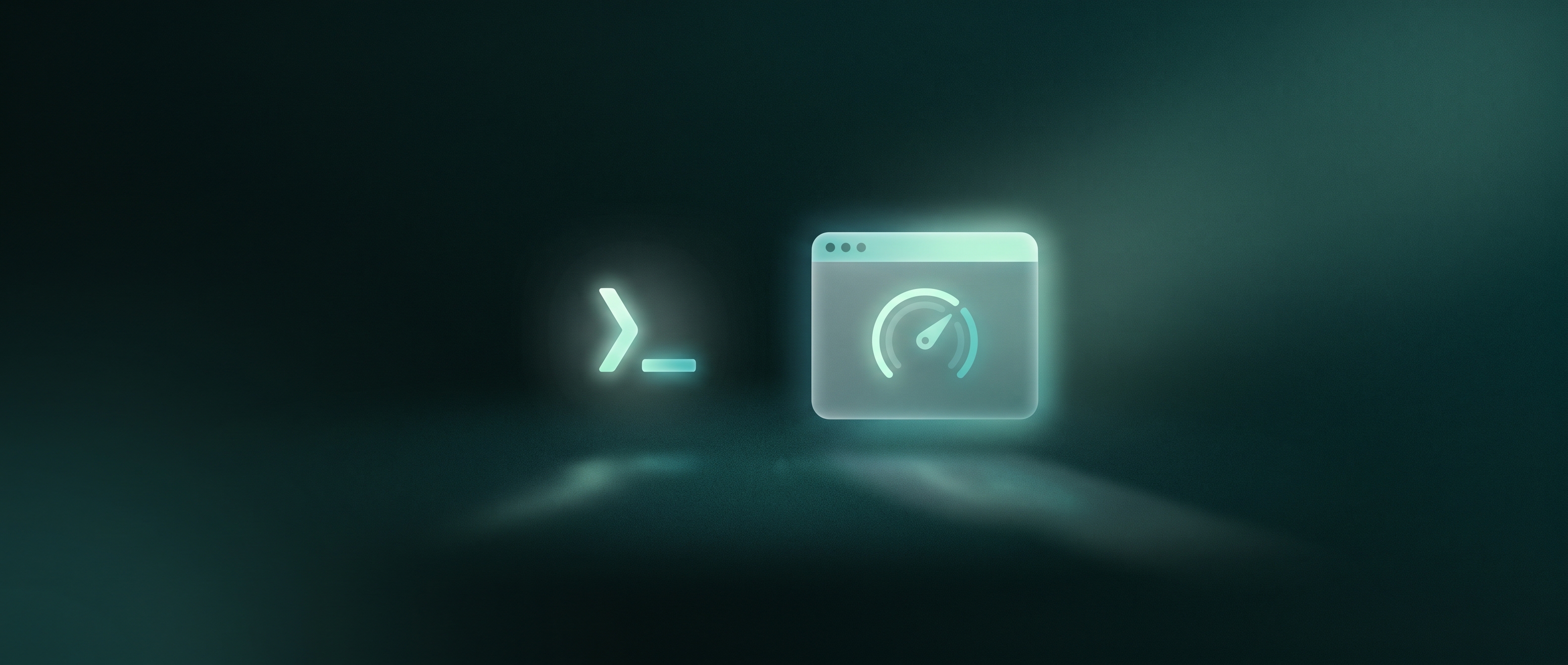 A calm side by side split on a deep-teal surface, on the left a small glowing terminal glyph, on the right a soft app window with a speed dial, representing a command-line runner versus a graphical app tuned for Apple Silicon