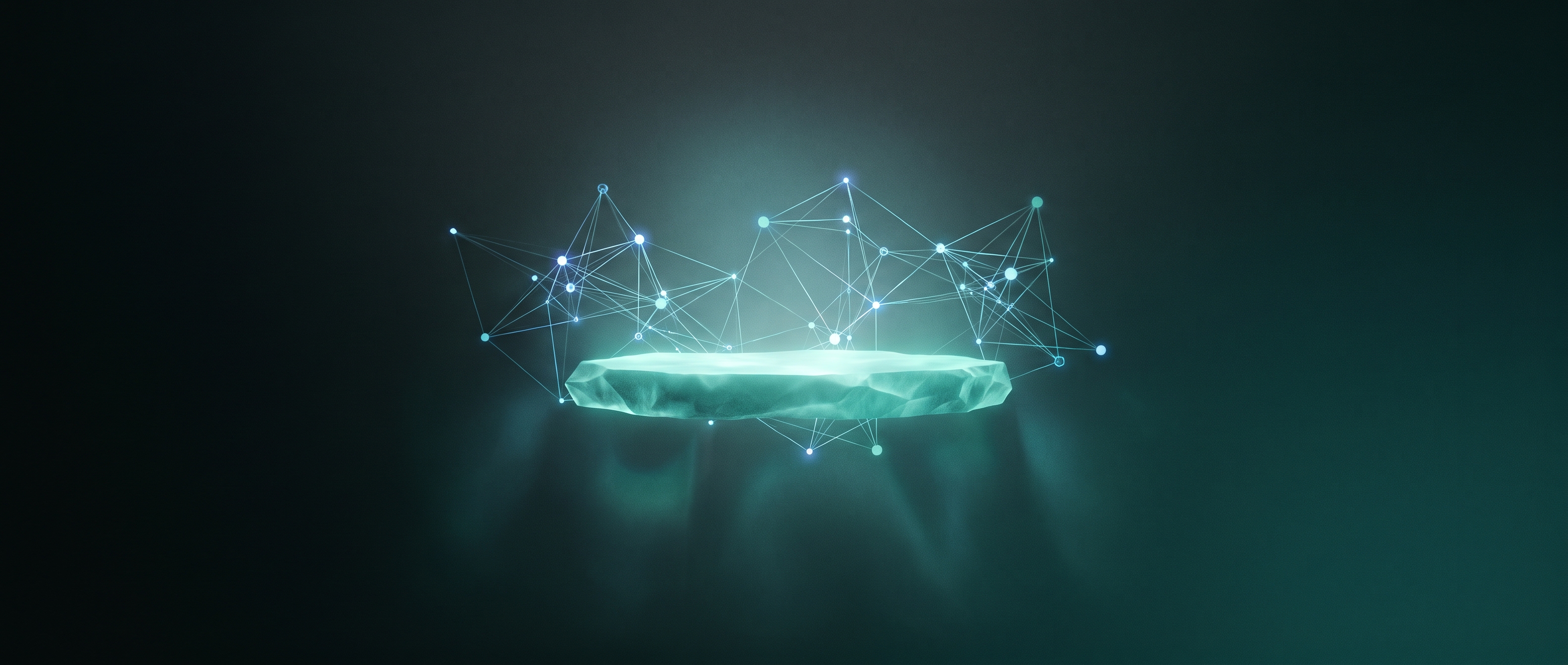 A single luminous bedrock slab holding up a fragile lattice of nodes