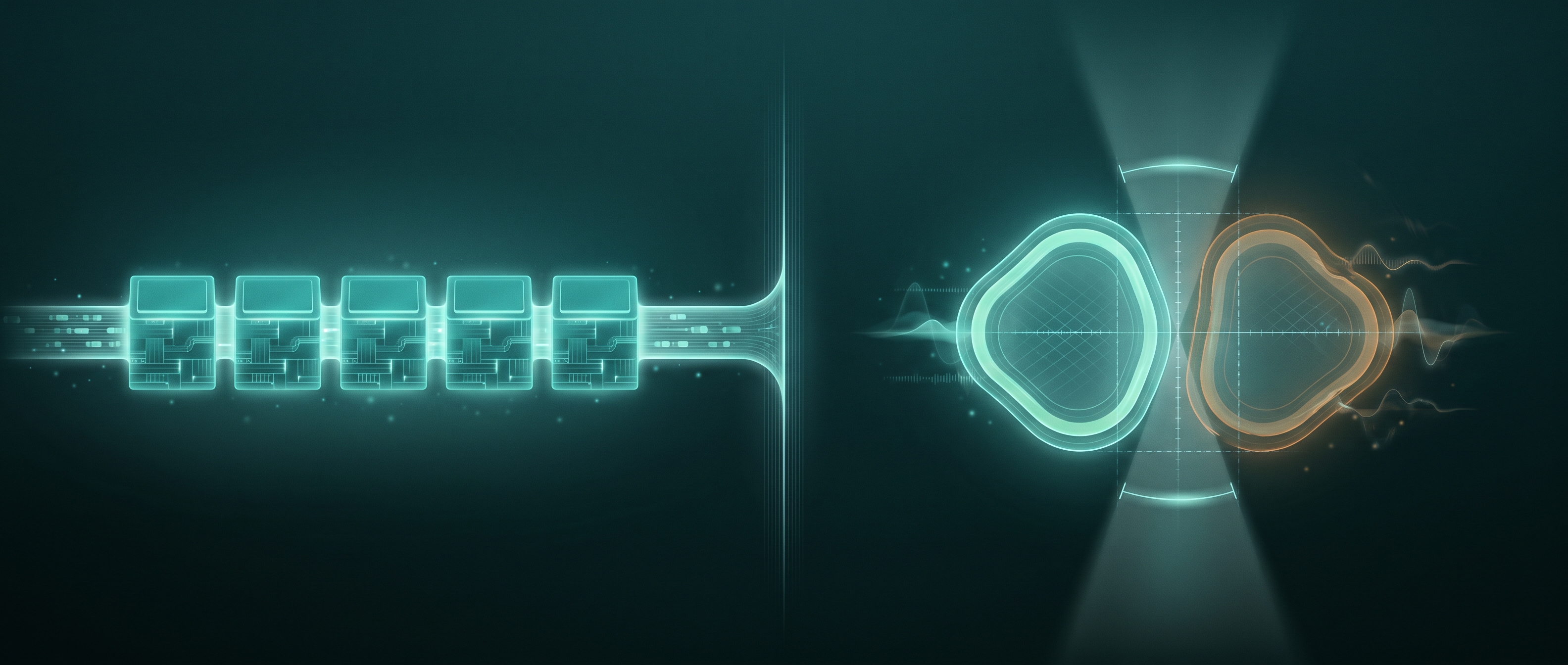 Two caching paths drawn side by side on a deep teal surface: on the left a row of identical glowing blocks locking into place as an exact match, on the right two similar but non-identical shapes being compared by a soft measuring beam, one of them quietly wrong