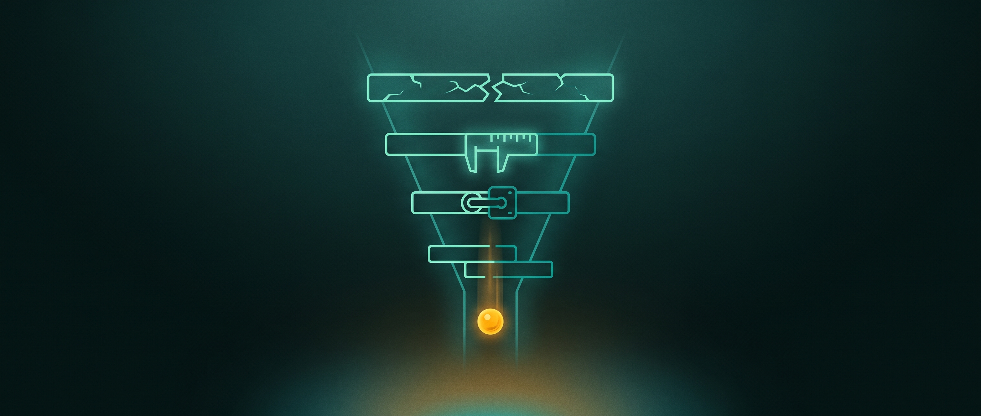 A vertical funnel of four narrowing gates with a single glowing token descending through them: the first gate drawn as a cracked bar, the second with a measuring notch, the third with a closed latch, and the fourth as two bars offset from one another, with the token emerging into a glow at the bottom