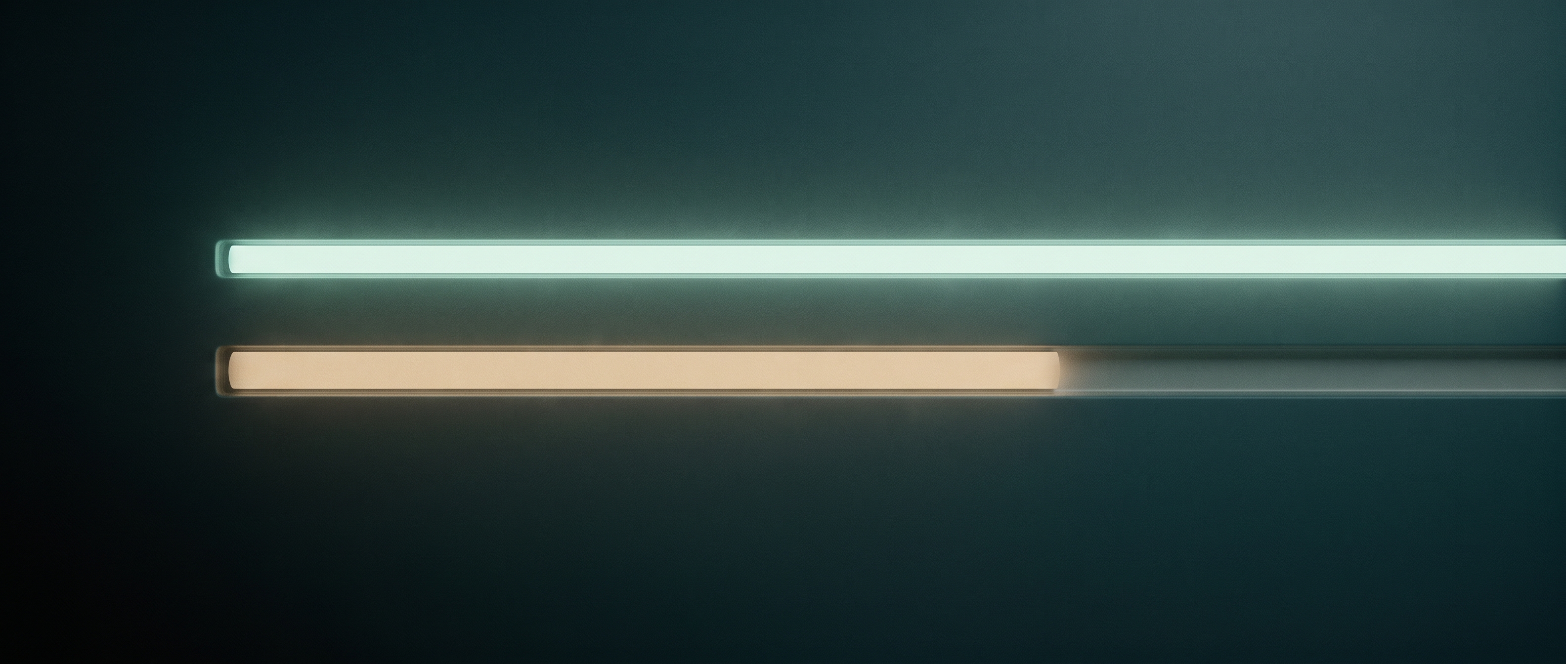 Two parallel horizontal tracks on a deep teal surface: the upper track is one continuous pale bar spanning the full width, and the lower track is the same length but filled only about two thirds of the way along in warm sand, the remainder left empty